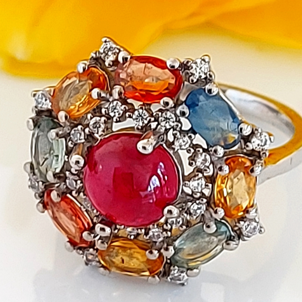 Natural Round Ruby 7mm & Multi-color Sapphire 925 Sterling‎ Silver Ring Sz 6
